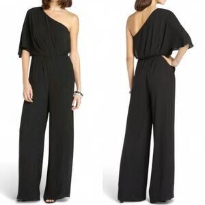 BCBGMAXAZRIA Leeo Black Chiffon One Shoulder Wide Leg Jumpsuit Minimalist 4 NWOT